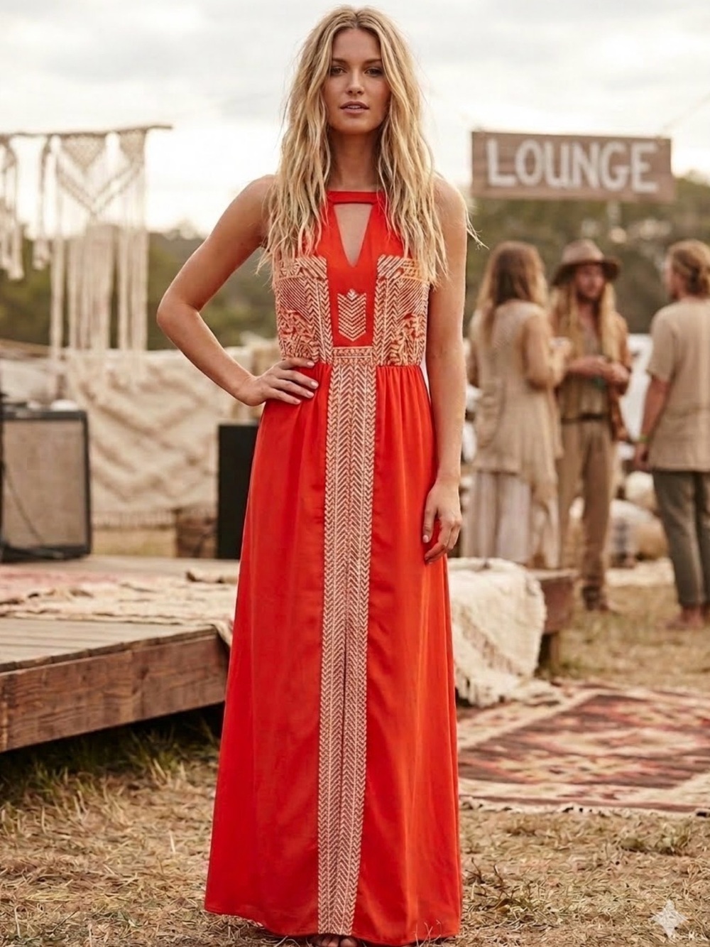 Anthropologie THML Orange Embroidered Boho Halter Maxi Dress size Small EUC